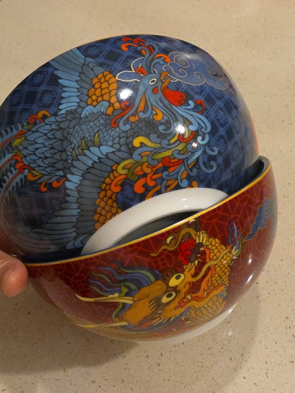 Williams Sonoma Dragon & Phoenix Ceramic Bowls - Blue, Red, Gold